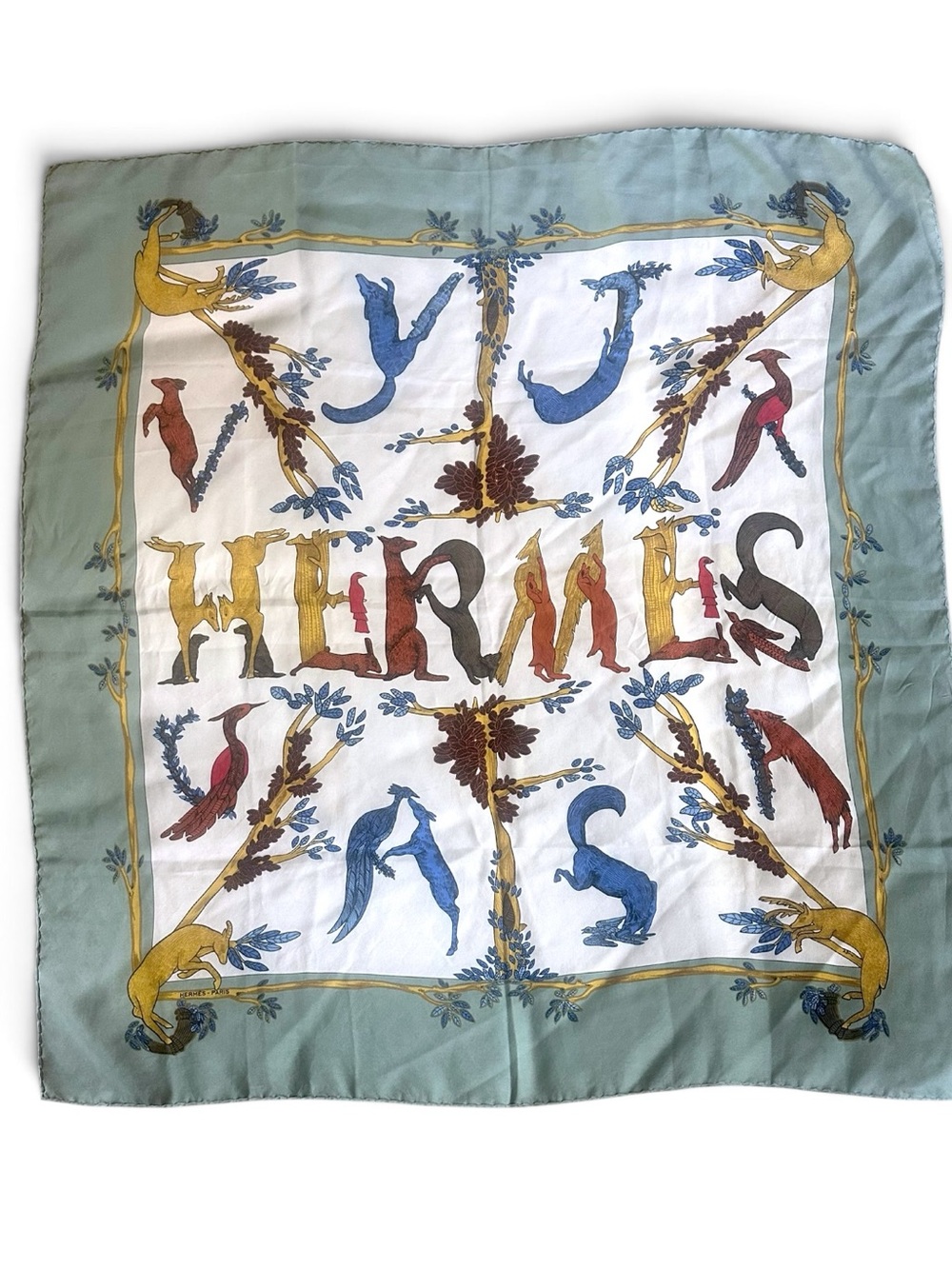 Hermès Alphabet III Annie Faivre Vintage 90cm Silk Scarf Animal Carré Sage